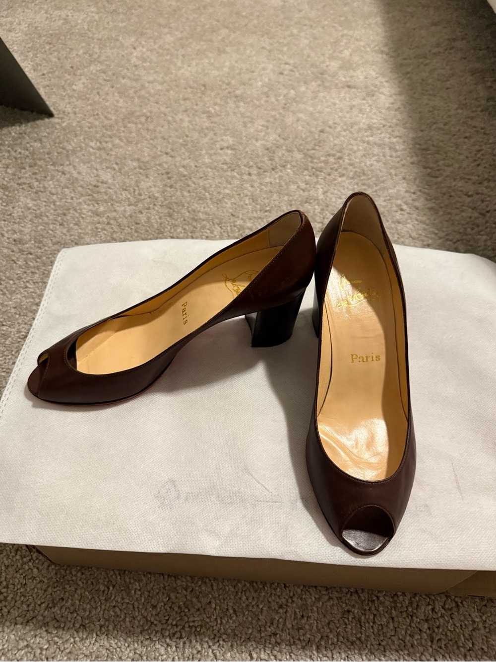Christian Louboutin Brown Leather Peep-Toe Block Heel Pumps